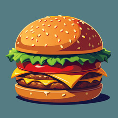 Vector cheeseburger with lettuce crisp green lettuce, juicy red tomato slices, melted yellow cheese, and a thick beef patty with grill marks (1