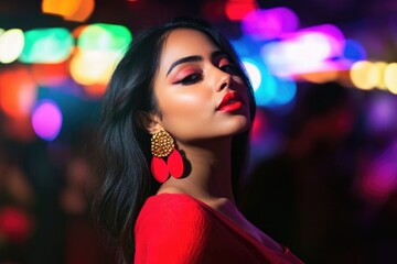 Naklejka premium Vibrant lighting enhances elegance of woman, showcasing stunning