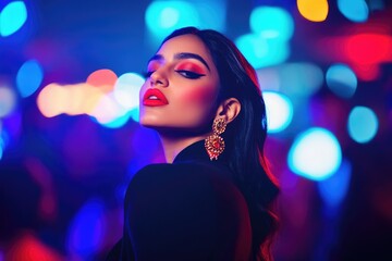 Fototapeta premium Striking portrait with vibrant lights, showcasing bold makeup an
