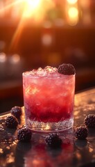 blackberry mixed artisan cocktail in glass on beach