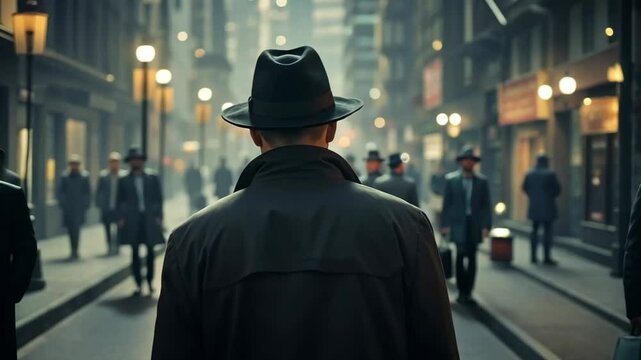 Mysterious man in a trench coat and fedora walking through a foggy vintage city street at dusk