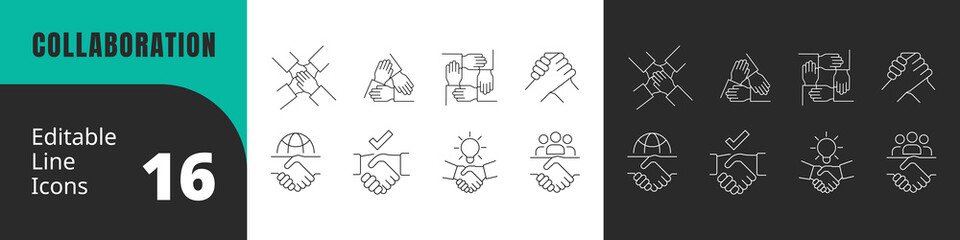 Collaboration Line Editable Icons set. Vector illustration in modern line style of business related icons: teamwork, handshake, agreement, cooperation, working, together, Pictograms and infographics