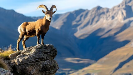 A mountain goat stands confidently on a rock, overlooking a breathtaking mountainous landscape. Concept Mountain Goat Pose, Scenic Mountain View, Nature's Majesty, Wildlife Photography