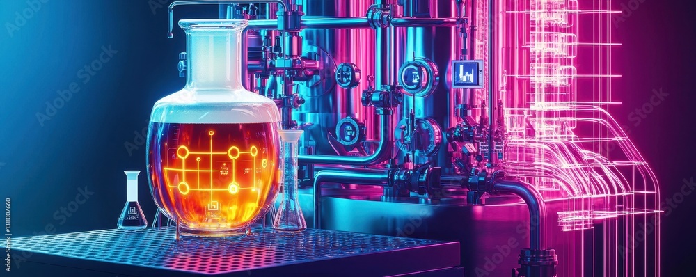 Poster a vibrant laboratory scene featuring a glowing flask with a colorful liquid, surrounded by intricate