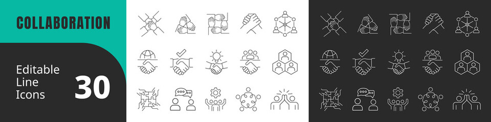 Collaboration Line Editable Icons big, large, set. modern line style of business related, teamwork, handshake, agreement, cooperation, working, together, Pictograms, and infographics, collection