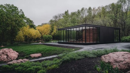 Modern Glass House  Minimalist Design  Green Landscape  Nature Retreat