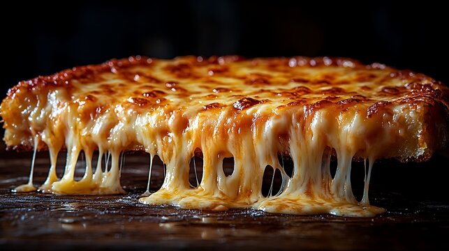 A cheesy pizza slice being lifted with strands of melted cheese stretching in a delicious display