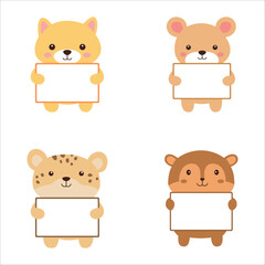 Set of Happy Cute Bear Dog Leopard Squirrel Animal Cartoon Character Holding Empty White Board