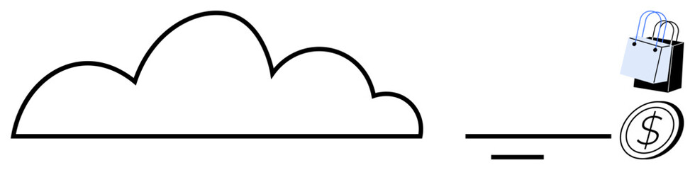 Cloud symbol connected to a shopping bag and dollar coin, implying cloud-based e-commerce. Ideal for online shopping, cloud services, financial technology, digital transactions, virtual store, modern
