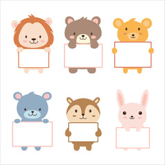 Set of Happy Cute Lion Bear Squirrel Rabbit Animal Cartoon Character Holding Empty White Board