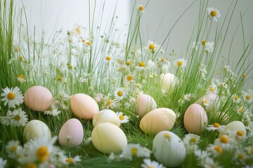 A beautifully arranged Easter scene, handmade pastel eggs placed among tall green grass, scattered daisies adding to the spring aesthetic