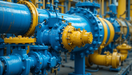 Industrial Precision: Close-Up of a Blue and Yellow Pipe with Valves. Generative AI