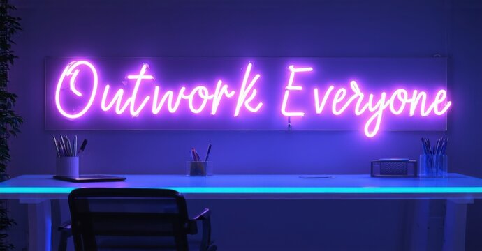 Naklejki Neon sign outwork everyone cyber indigo warm crimson glowing inside sleek executive office casting reflections minimalist glass desk