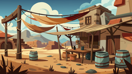 Fototapeta premium forgotten desert trading post with faded signs, wooden barrels, and tattered fabric canopies swaying in the wind.
