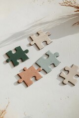 Colorful puzzle pieces arranged on light surface symbolize conne
