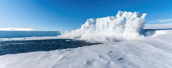 Obraz premium Iceberg melting idea. A stunning view of a glacier calving into a serene blue sea under a clear sky.