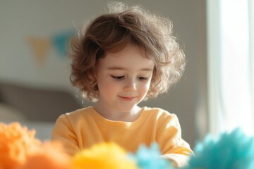 Bright colors surround joyful child, engaging in creative play w