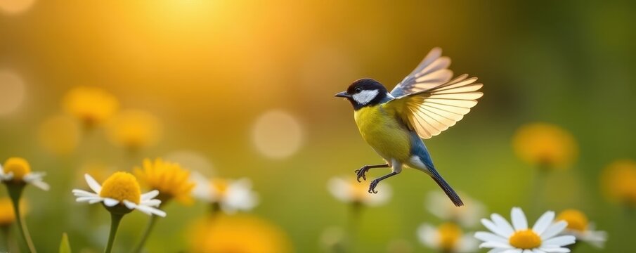 Yellow tit in flight, wings spread, daisies, sunset, close-up, summer
