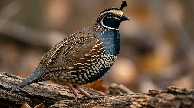 Detailed close-up of a California quail standing on a fallen log among autumn leaves in the wild
