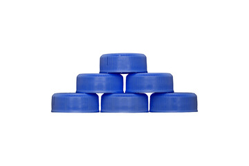 Blue plastic HDPE caps pyramide from drinking water bottles isolated on a transparent background.