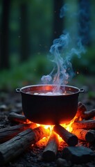 Boiling water in pot over crackling campfire flames, survival, wood, equipment