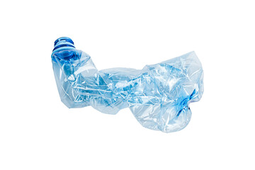 Blue plastic used bottle, twisted, washed and prepared for recycling, isolated on white background.