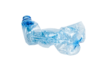 Blue plastic used bottle, twisted, washed and prepared for recycling, isolated on white background.