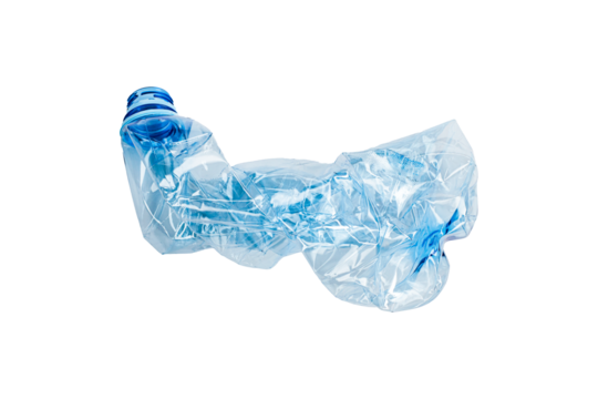 Blue plastic used bottle, twisted, washed and prepared for recycling, isolated on white background.