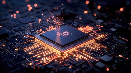 Glowing CPU on circuit board, digital technology concept.