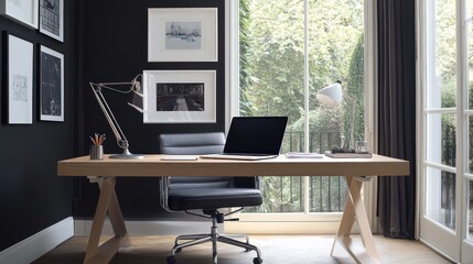 Modern home office near window, desk, laptop