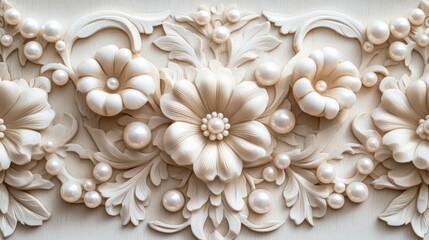 Elegant pearl flower carving, ornate wall detail, close-up