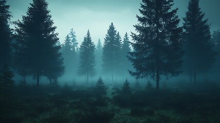A Misty Forest Scene Featuring Trees and Green Foliage
