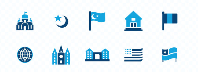 Country icon set. Containing flag, nation, citizen, land, world, government, landmark, borders and more. Solid