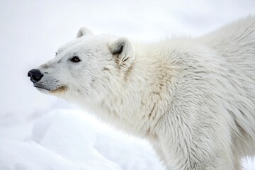 Polar Bear (Ursus maritimus) in the snow is a large Arctic carnivore, closely related to brown bears, with white fur, black skin, and adaptations for ice and water
