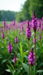 Obraz premium Dense purple loosestrife overtaking wetland vegetation, biodiversity loss, wetland habitat, harmful weed