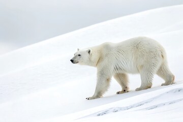 Polar Bear (Ursus maritimus) in the snow is a large Arctic carnivore, closely related to brown bears, with white fur, black skin, and adaptations for ice and water