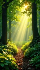 Obraz premium Golden sunbeams dappling lush green forest floor, natural, greenery