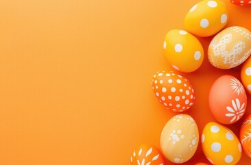 Easter with colorful eggs on the left against a bright orange background in a flat lay composition