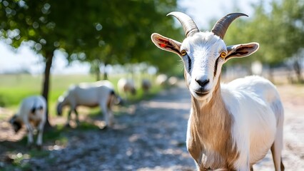 Fototapeta premium A close-up of a goat with distinctive markings, surrounded by other goats in a rural, green setting with trees. Concept Close-up Goat Portrait, Distinctive Markings, Rural Setting, Green Background