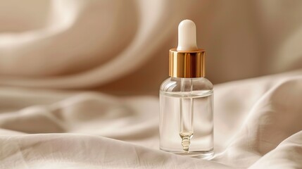 Naklejka premium Small elegant glass bottle with dropper containing clear liquid on neutral fabric, minimalist design with label-free simplicity, conveying calm and safety, ample copy space for text or design.