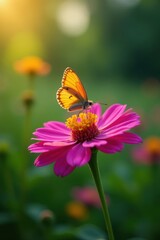 Delicate butterfly perched on vibrant wildflower, sunlight dappled petals , field, soft, garden