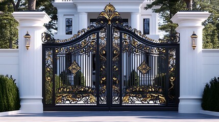 Luxury black and gold wrought iron gate with intricate detailing at elegant mansion entrance  
