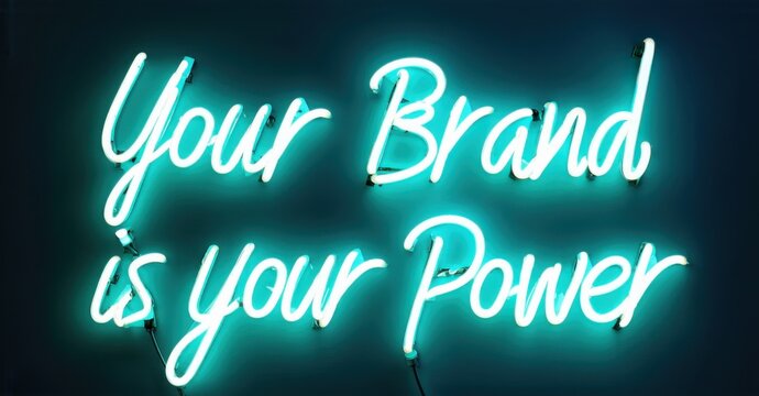 Neon sign your brand is power cyan soft jade glowing inside luxury branding agency casting reflections glossy presentation slides