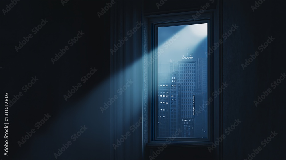 Poster A window with a single light illuminating an otherwise dark cityscape