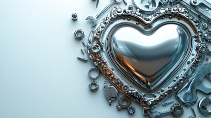 Elegant metallic heart surrounded by mechanical components for F