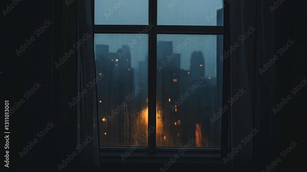 Poster A window with a single light illuminating an otherwise dark cityscape