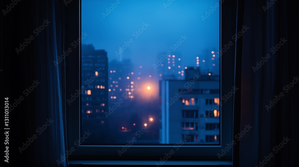 Poster a window with a single light illuminating an otherwise dark cityscape.