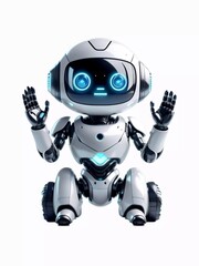 Cute futuristic robot with glowing blue eyes sitting on a white background. Advanced AI technology, friendly android, and modern robotics concept. Ideal for sci-fi, innovation, and AI themes.