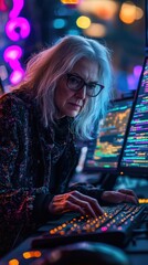Obraz premium Focused innovator an elderly woman coding in a futuristic workspace