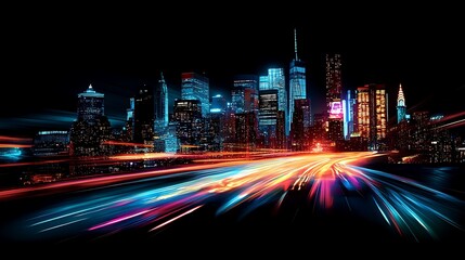 A vibrant city skyline at night with light trails from moving vehicles.